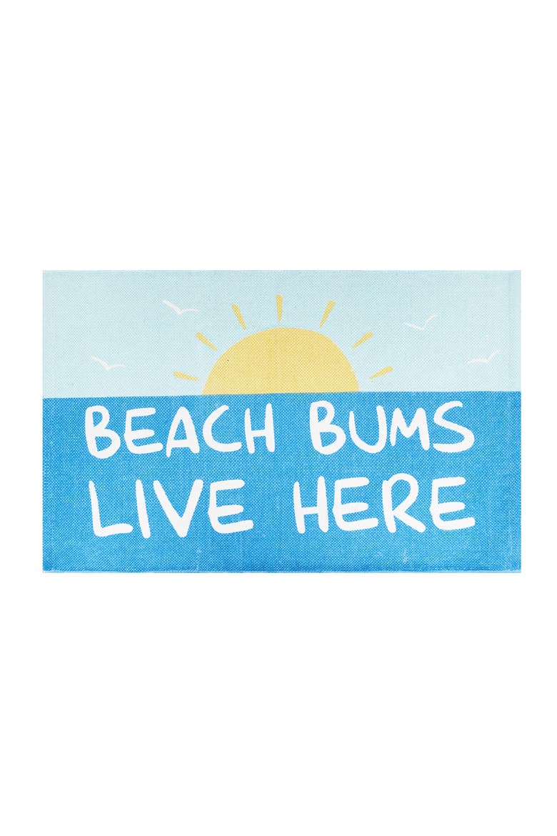 "Beach Bums Live Here" Sun 2'x3' Indoor Floormat, Main, color, Blue
