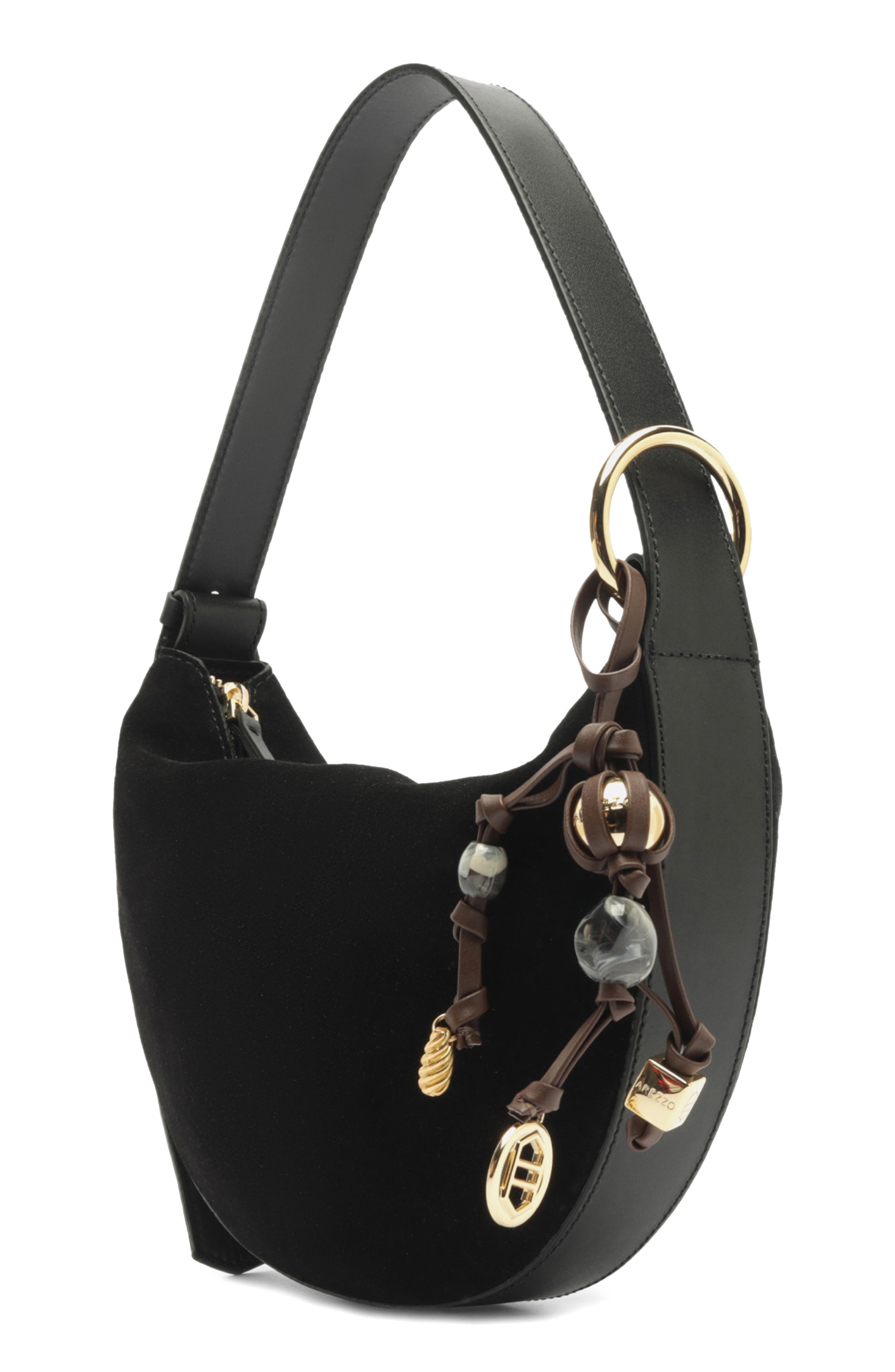 Arezzo Medium Simone Suede Shoulder Bag, Alternate, color, Preto/ Preto/ New Cocoa