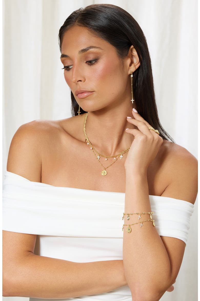 Medallion & Cubic Zirconia Cross Charm Bracelet, Alternate, color, GOLD