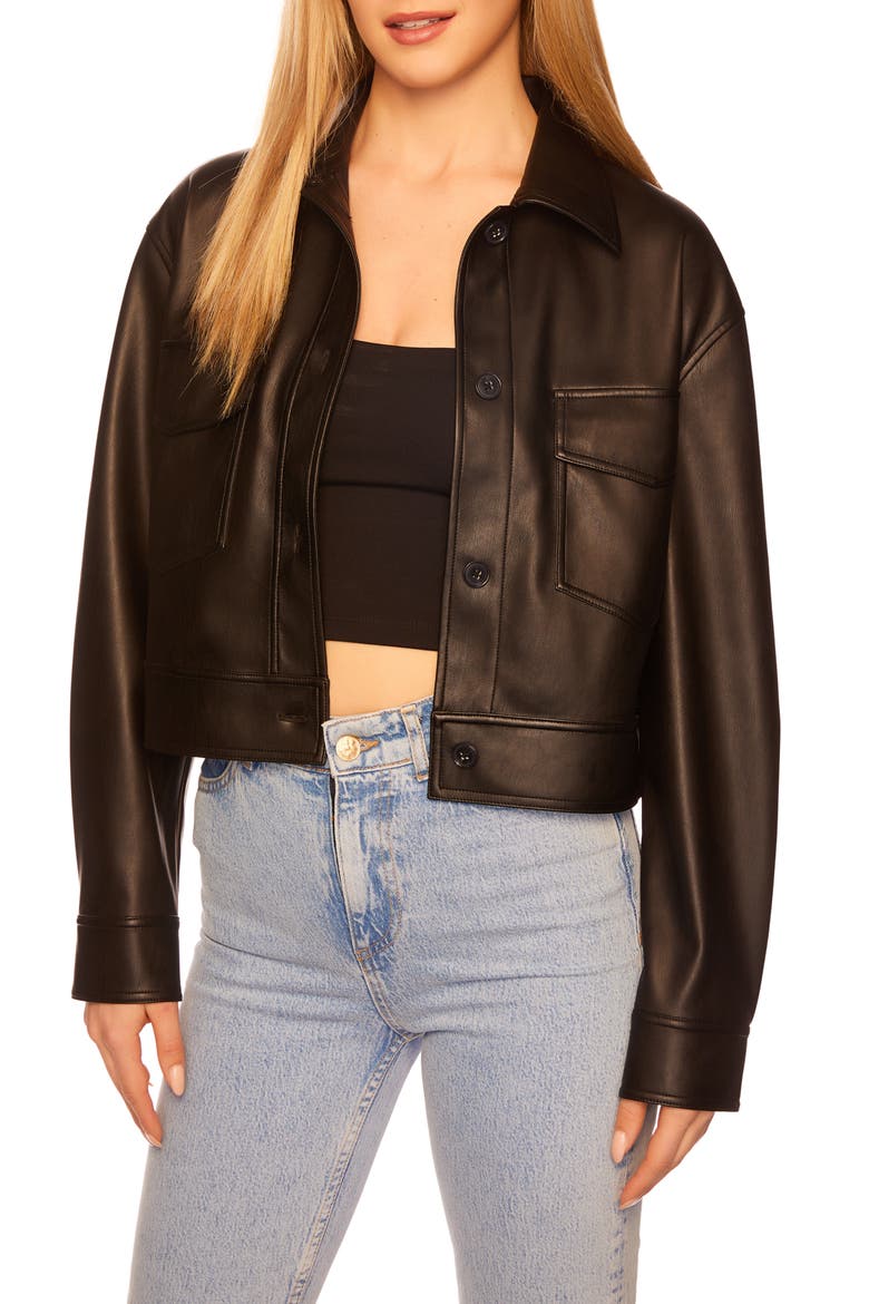 Faux Leather Crop Cargo Jacket, Main, color, BLACK