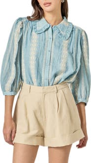 English Factory Ruffle Embroidered Puff Shoulder Shirt