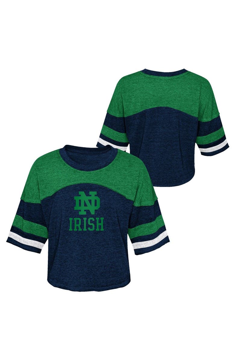 Outerstuff Girls Youth Navy Notre Dame Fighting Irish Sunday Friday Sleeve Stripe Jersey T-Shirt, Main, color, 