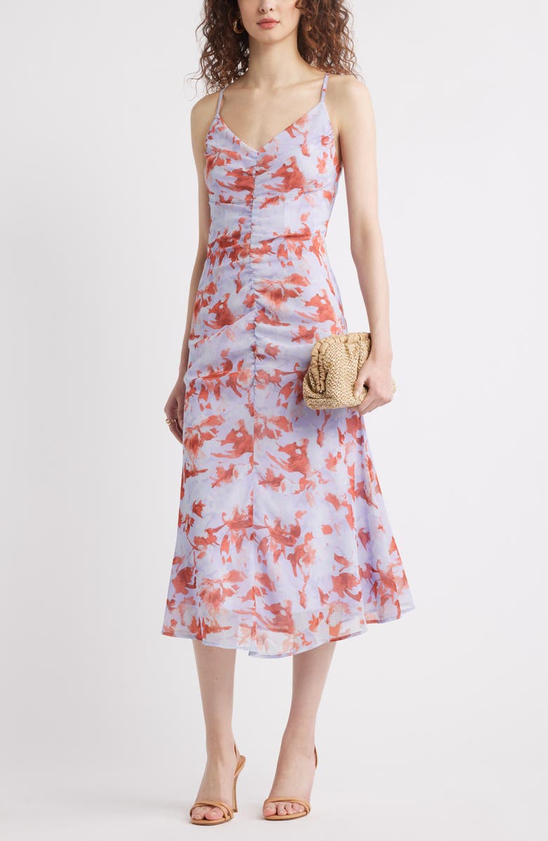 Chelsea28 Gathered V-Neck Midi Dress, Main, color, Blue- Rust Rebecca Floral