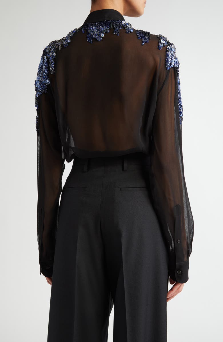 Chowy Sequin Embellished Sheer Chiffon Button-Up Shirt