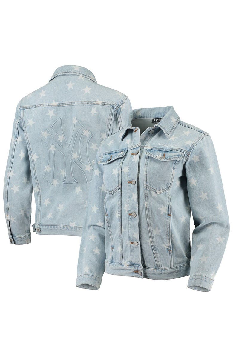 THE WILD COLLECTIVE Women's The Wild Collective New York Yankees Allover Print Button-Up Denim Jacket, Alternate, color, Denim