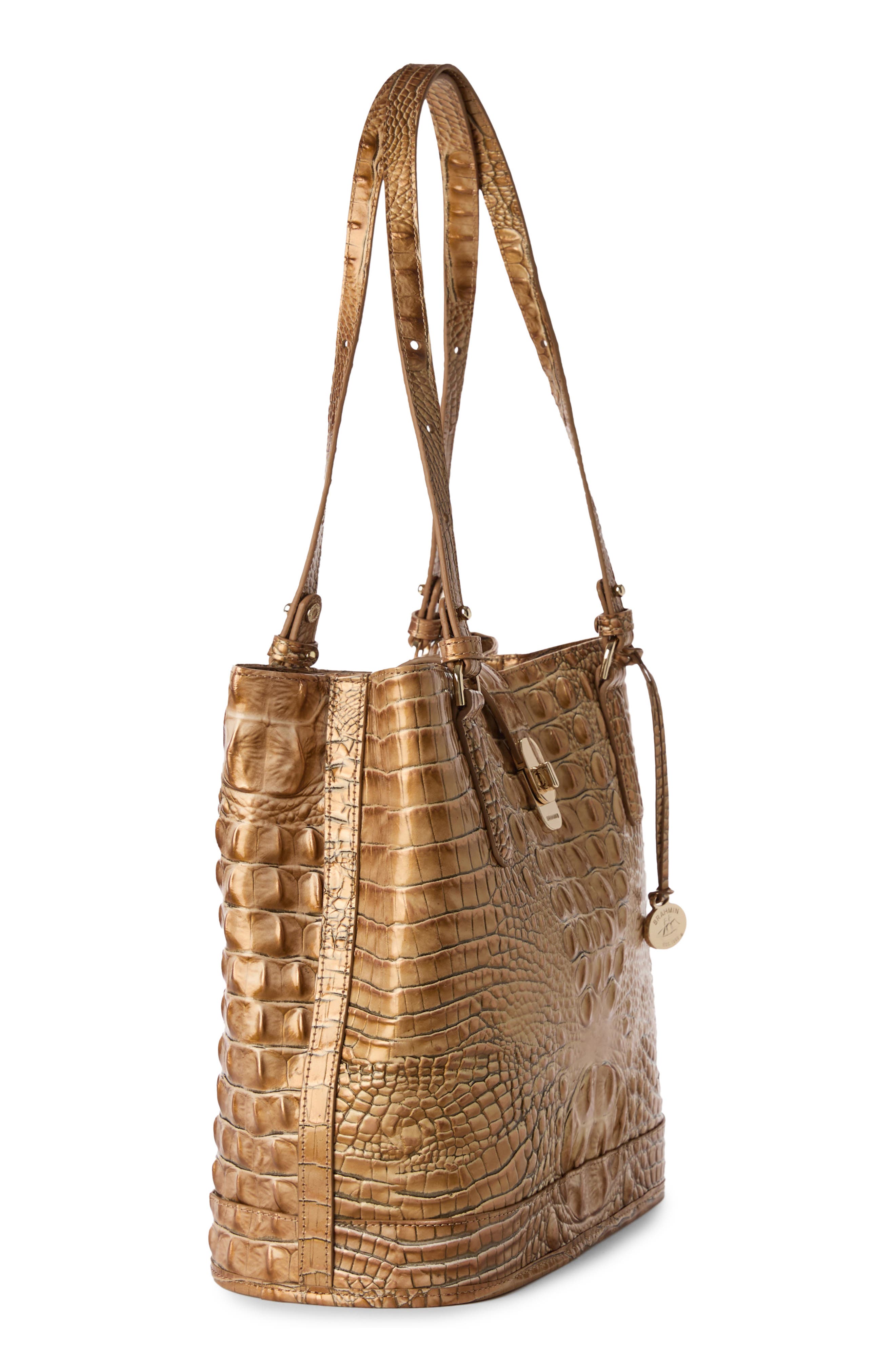 Brahmin Fiora Croc Embossed Leather Bucket Bag, Alternate, color, Driftwood