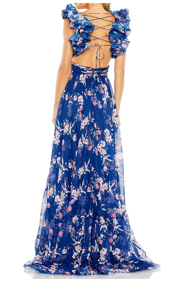 Mac Duggal Ruffle Tiered Floral Cut-Out Chiffon Gown, Alternate, color, Blue Multi