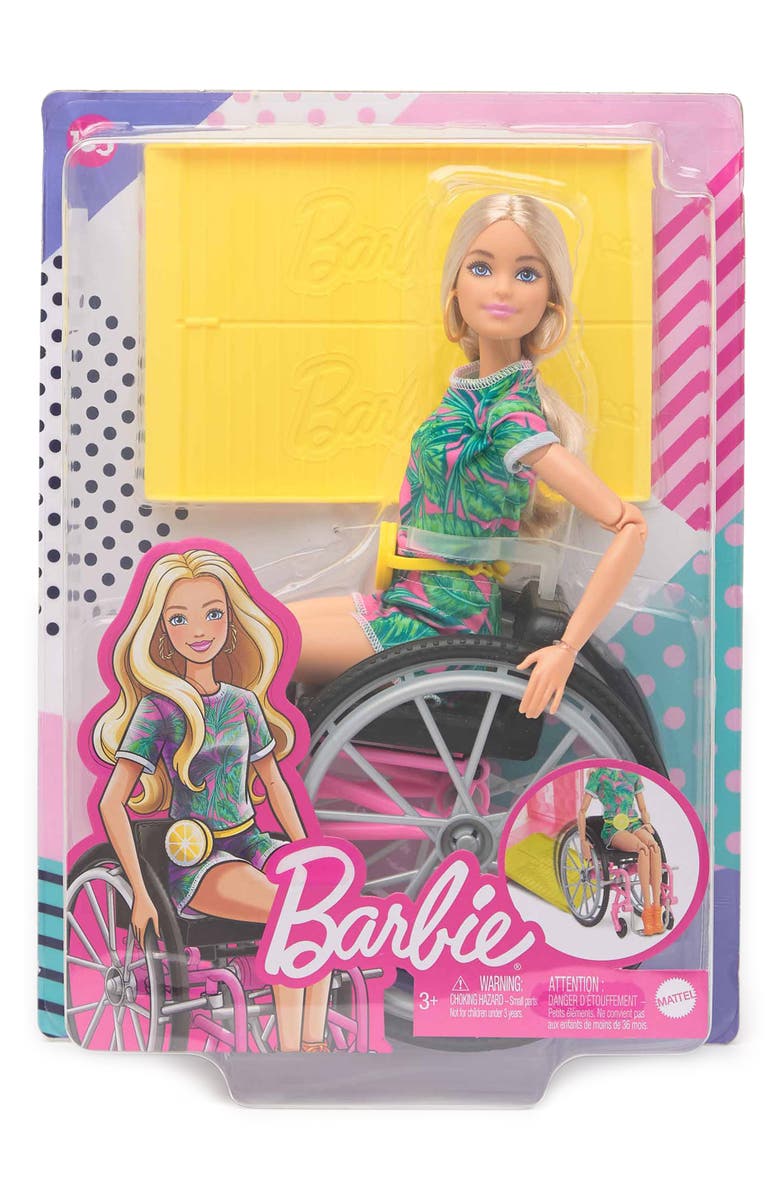 Mattel Barbie<sup>®</sup> Fashionistas<sup>™</sup> Doll #165, with Wheelchair & Long Blonde Hair Wearing Tropical Romper, Orange Shoes & Lemon Fanny Pack, Main, color, 