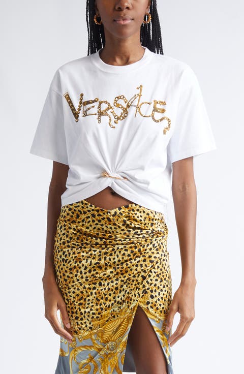 トップス Versace T shirt Women Large VERSACE - Women Crystal Versace Logo T-Shirt – Atelier New York