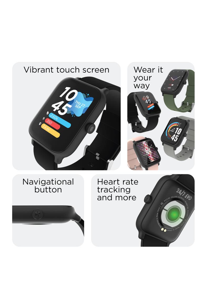 24/7 EVO Rectangle Smartwatch, 43mm, Alternate, color, BLACK CASE BLACK/ BLACK