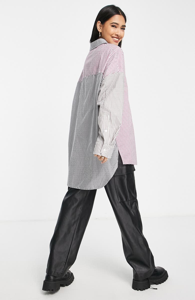 Topshop Patchwork Stripe Oversize Button-Up Shirt, Alternate, color,