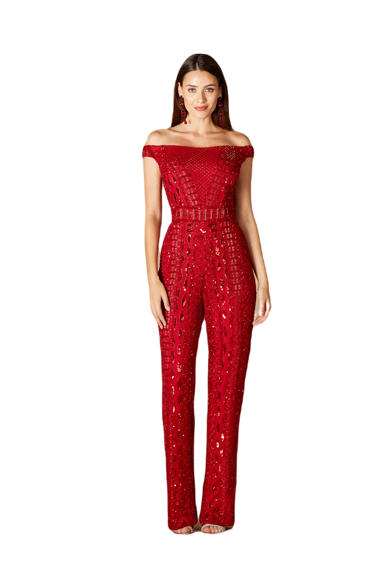 Beaded Off Shoulder Jumpsuit, Main, color, Red