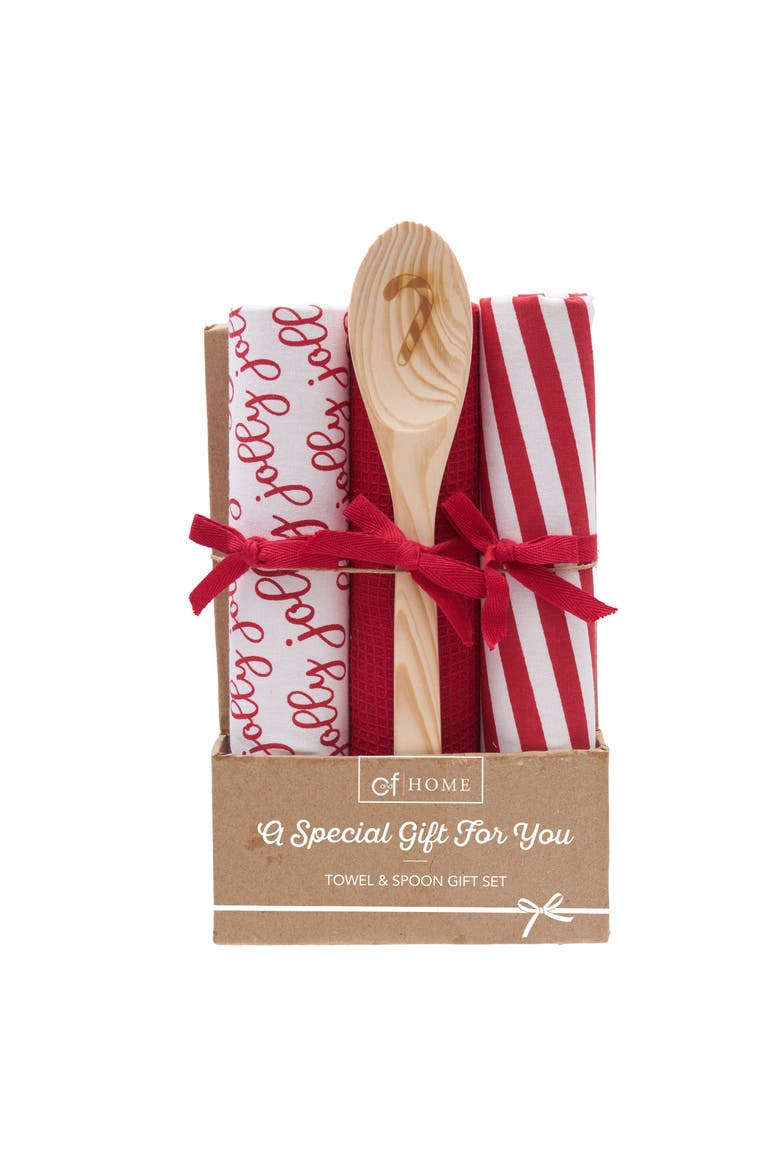 Jolly Candy Cane Dishtowel & Spoon Gift Bundle Set if 4, Main, color, Red