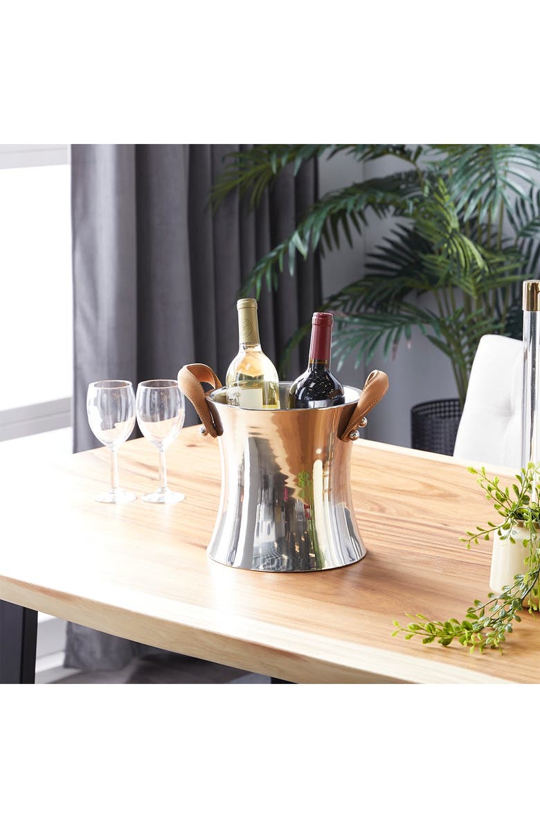 WILLOW ROW Single Bottle Ice Bucket with Leather Strap HandlesChampagneSilver Stainless Steel, Main, color,