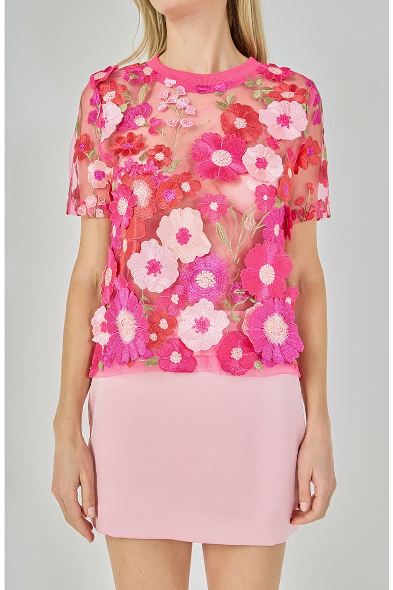 Floral Embroidered Appliqué Organza Top, Main, color, FUCHSIA