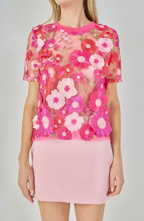 Floral Embroidered Appliqué Organza Top