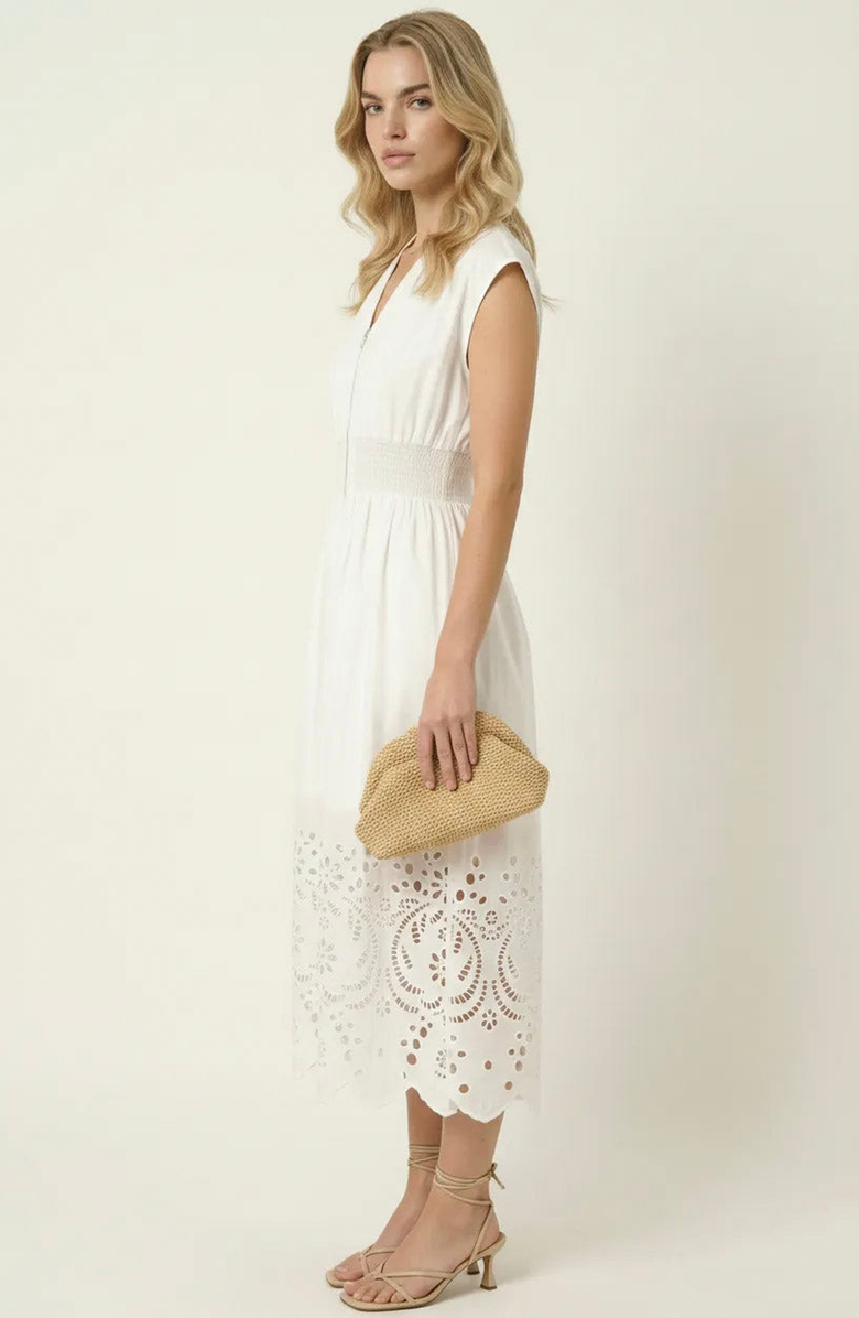 Modenaire Cap Sleeve Smocked Front Zip Midi Dress, Alternate, color, White