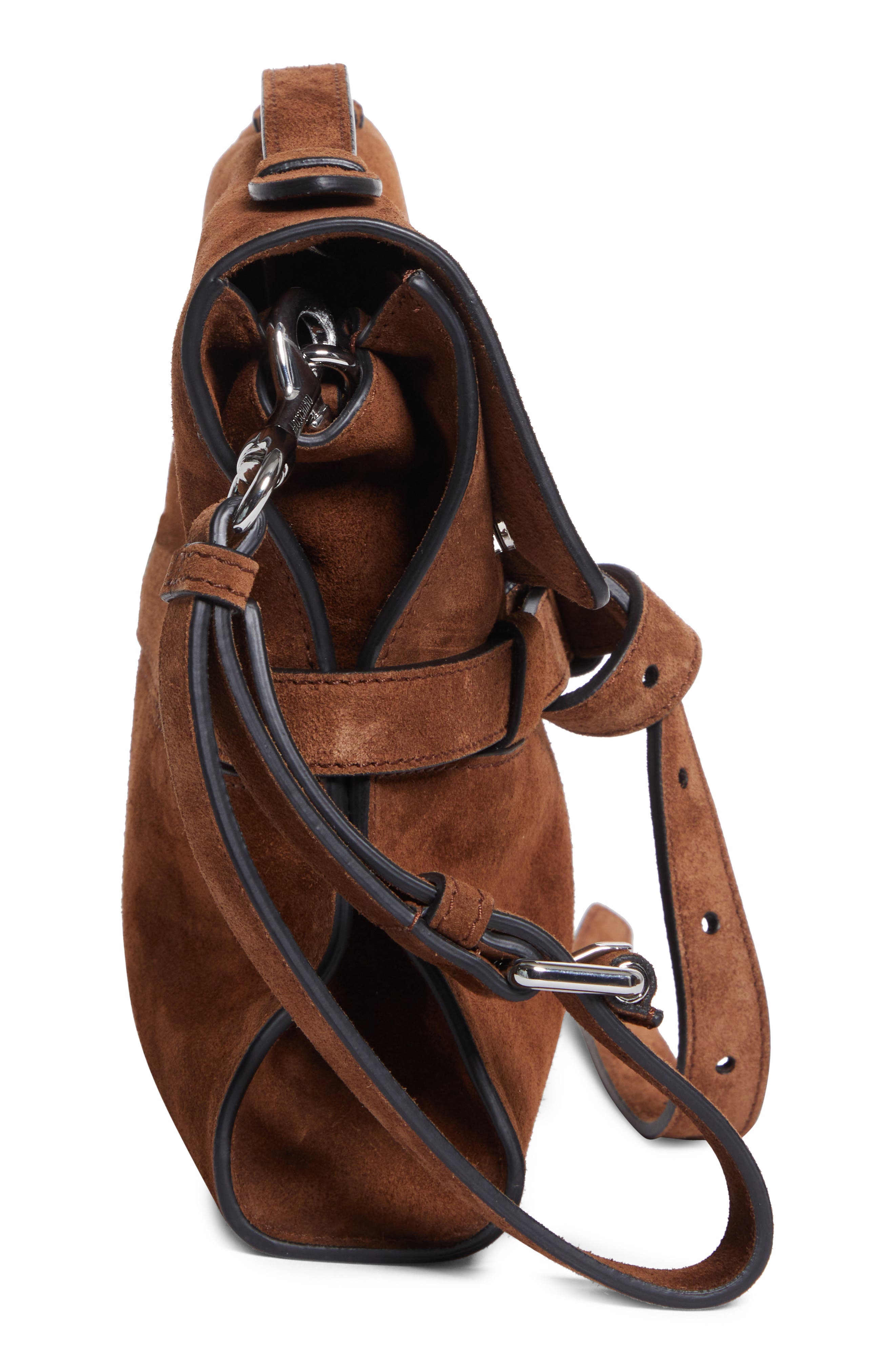 Moschino Tie Me Suede Clutch, Alternate, color, Brown