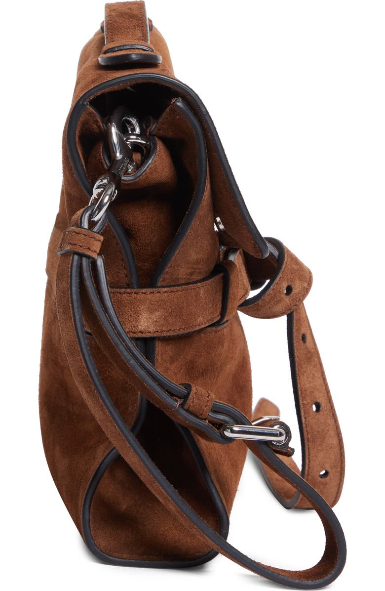 Moschino Tie Me Suede Clutch, Alternate, color, Brown