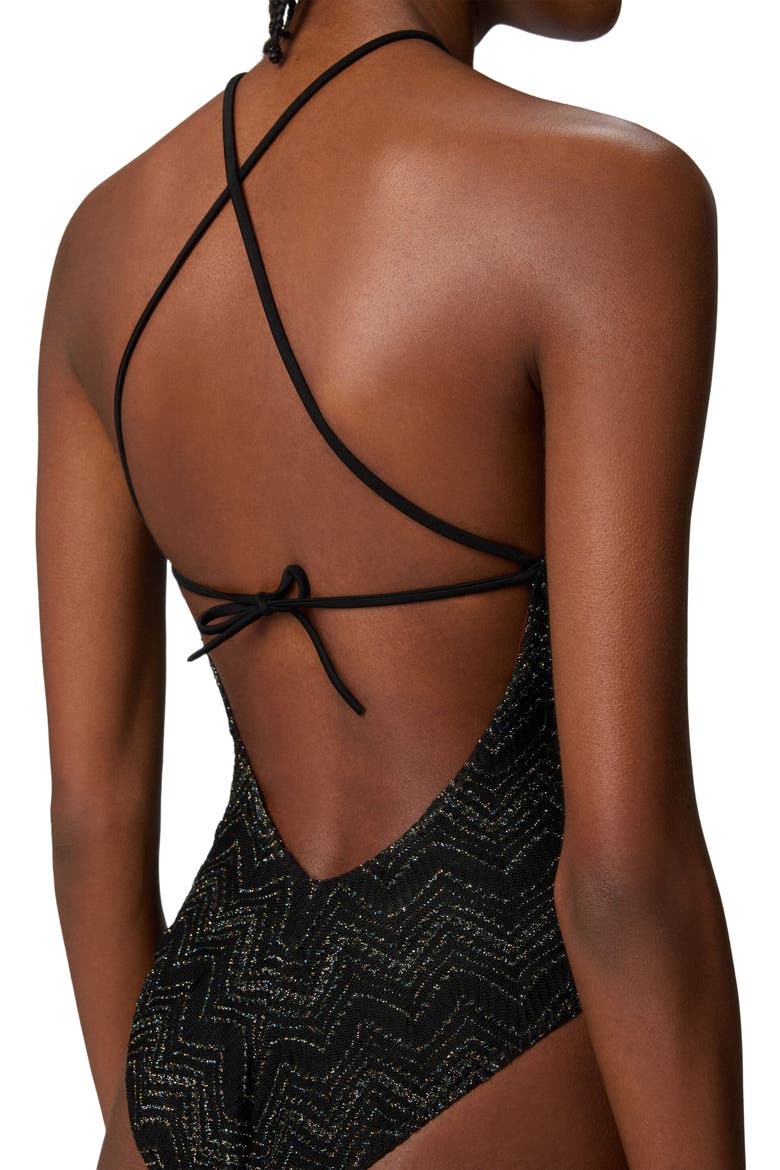 Zig Zag Lamé Viscose One-piece Swimsuit With Halter Neck, Alternate, color, Black & Lamé