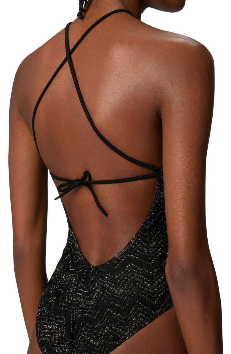 Missoni Zig Zag Lamé Viscose One-piece Swimsuit With Halter Neck, Alternate, color, Black 
Lamé