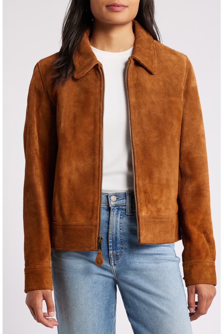 Roughout Cowhide Suede Trucker Jacket, Alternate, color, SADDLE
