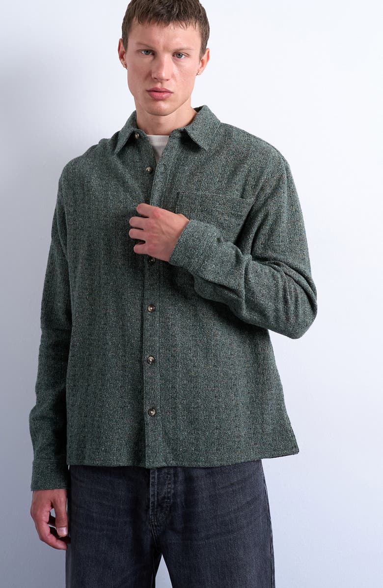 Topman Marl Textured Cotton Button-Up Shirt, Alternate, color, Green