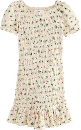 Ditsy Print Shirred Puff Sleeve Minidress