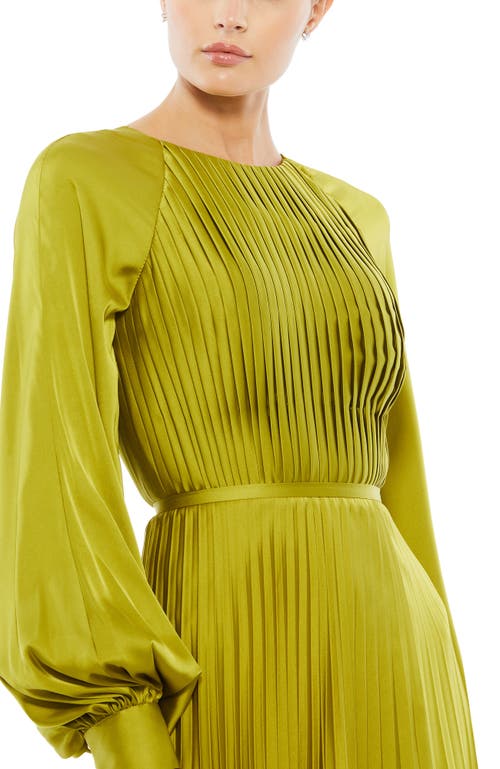 Mac Duggal Long Blouson Sleeve Pleated High Neck Gown In Apple Green