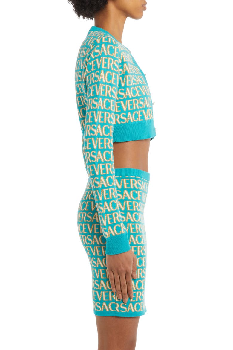 Metallic Logo Cotton Blend Crop Cardigan, Alternate, color, TURQUOISE LIGHT BLUE