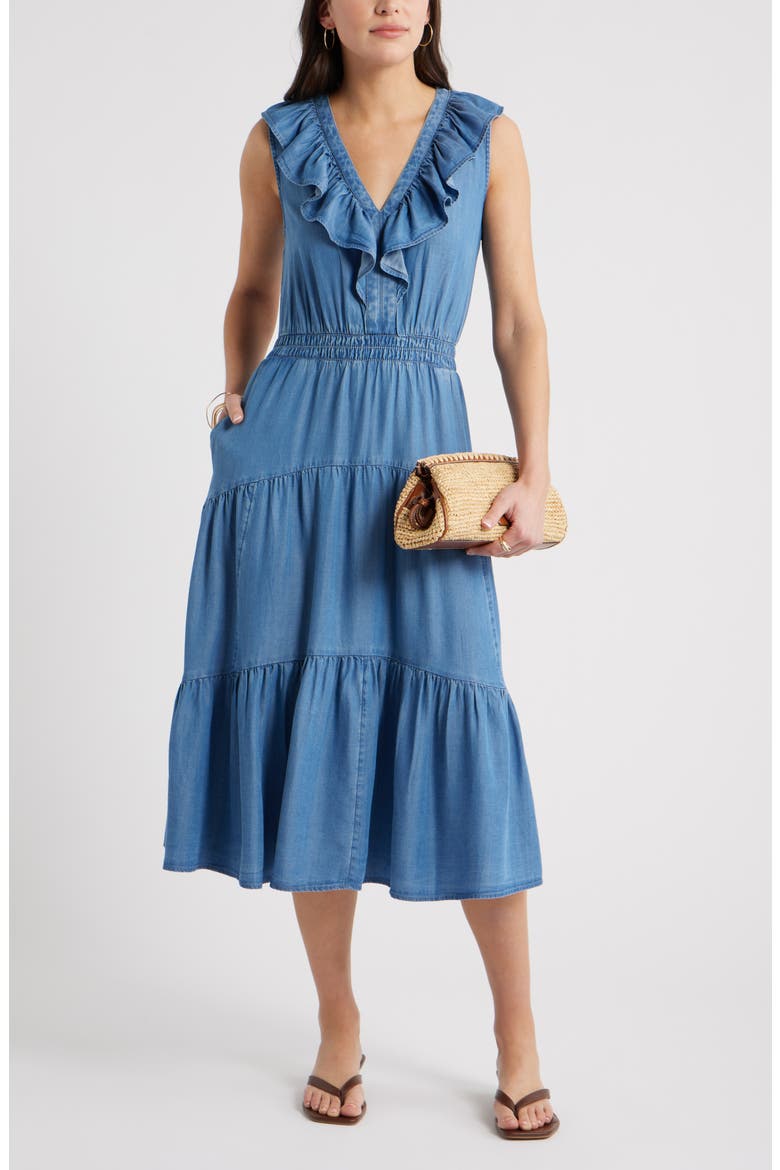 Ruffle Sleeveless Chambray Maxi Dress, Alternate, color, MEDIUM WASH