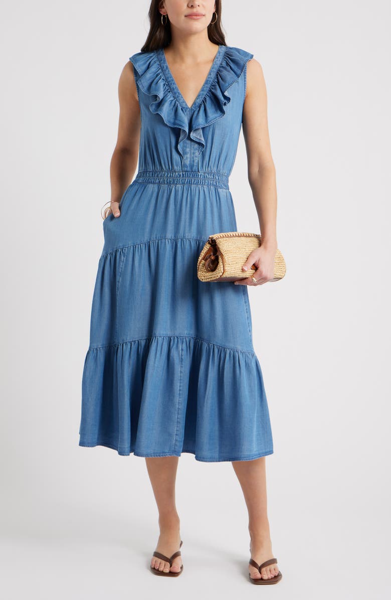 Caslon<sup>®</sup> Ruffle Sleeveless Chambray Maxi Dress, Alternate, color, Medium Wash