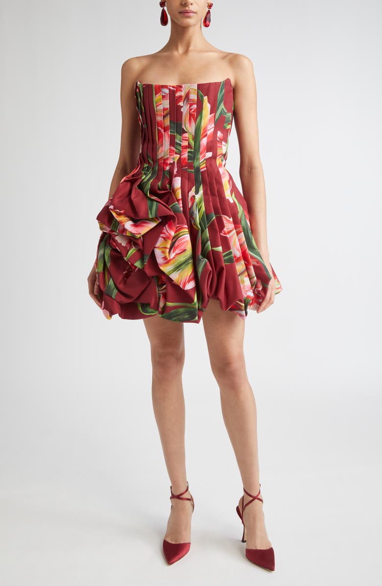 Carolina Herrera Tulip Print Pleated Draped Minidress, Main, color, Garnet Multi