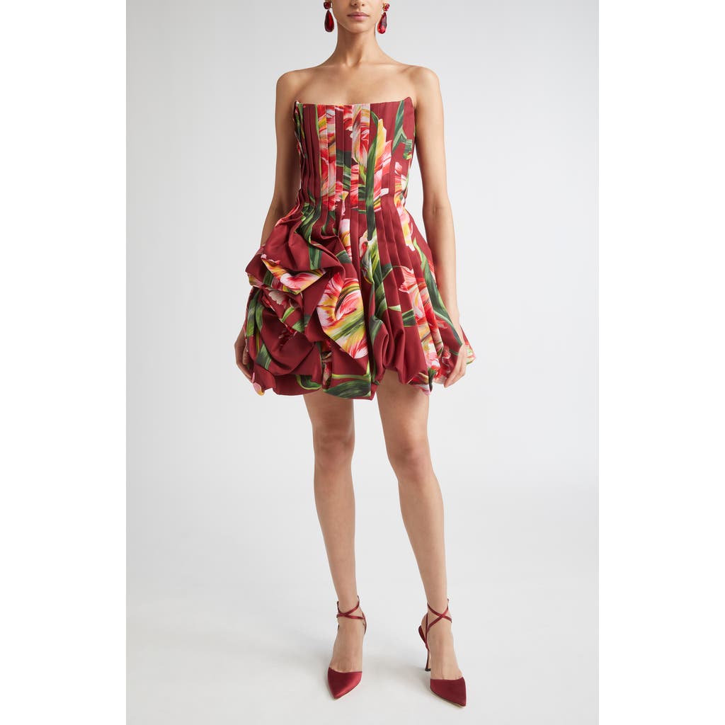 Carolina Herrera Tulip Print Pleated Draped Minidress In Burgundy