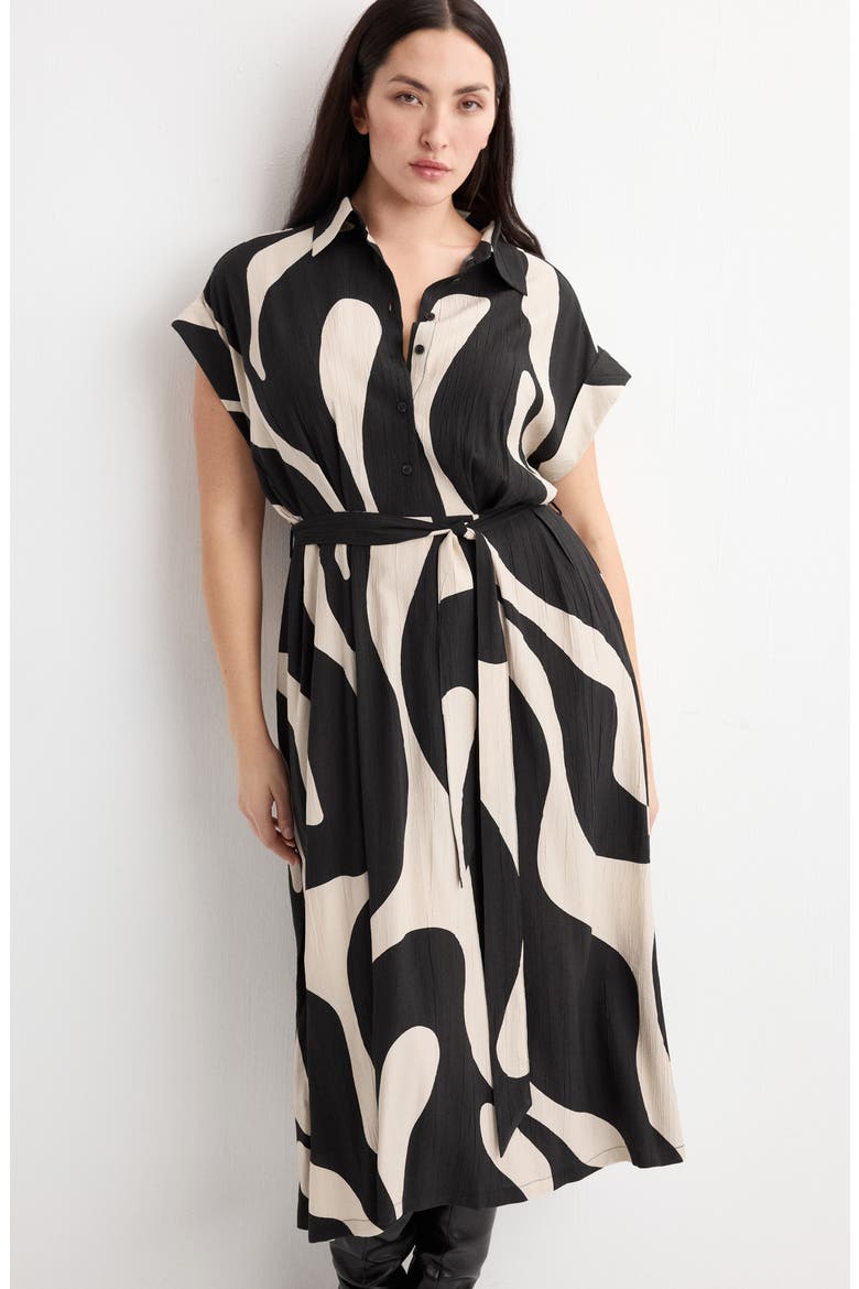Abstract Print Belted Shirtdress, Alternate, color, BLACK