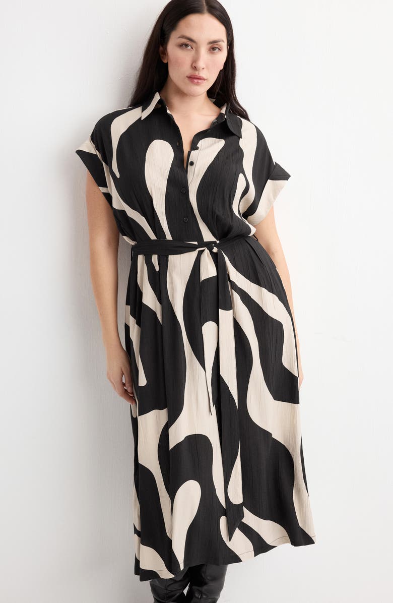 MANGO Abstract Print Belted Shirtdress, Alternate, color, Black