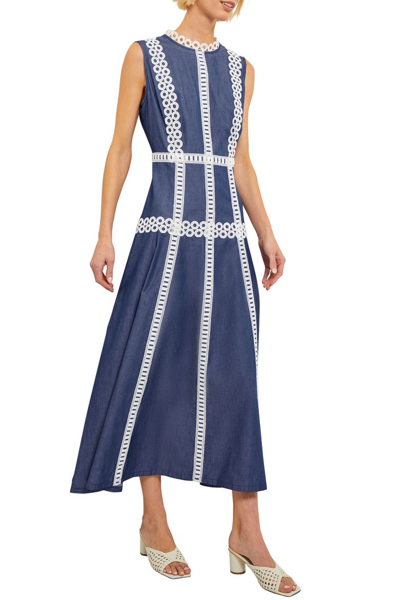 Eyelet Trim Sleeveless Cotton Dress, Alternate, color, MAZARINE/ WHITE