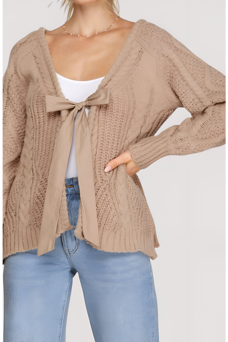 Cable Knit Cardigan with Tie-Front Detail, Alternate, color, Beige