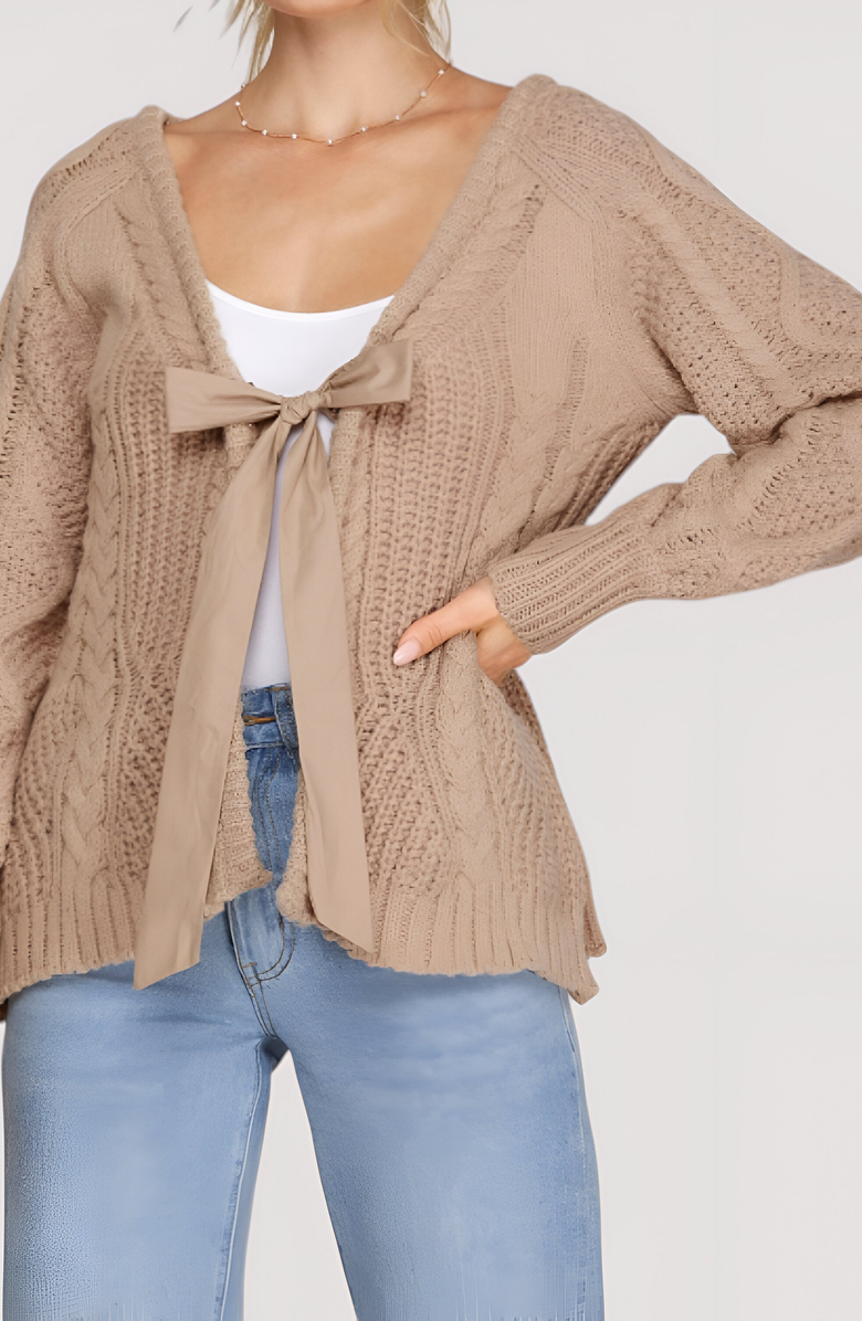 Modenaire Cable Knit Cardigan with Tie-Front Detail, Alternate, color, 