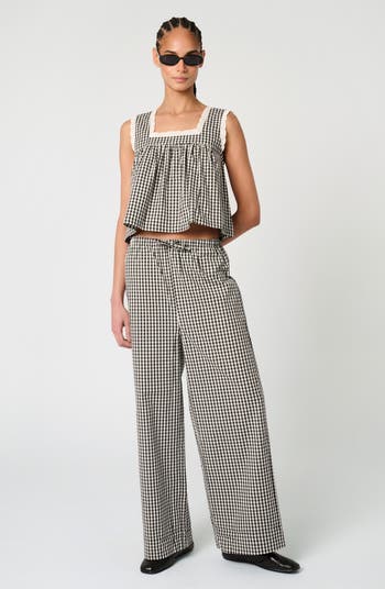 Check Tie Waist Wide Leg Pants