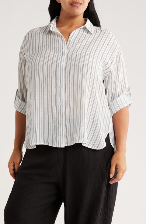 Stripe Roll Sleeve Button-Up Shirt (Plus)