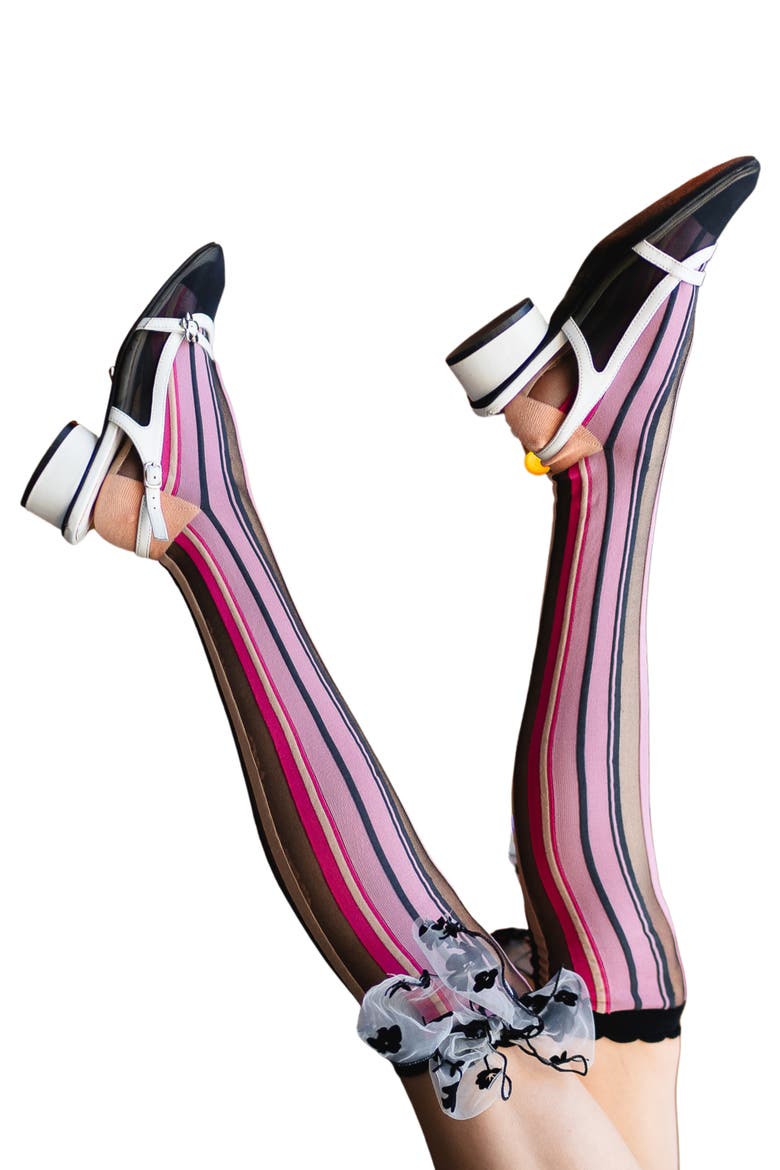 Parisian Stripe Bow Knee High Socks, Alternate, color, MULTI PINK