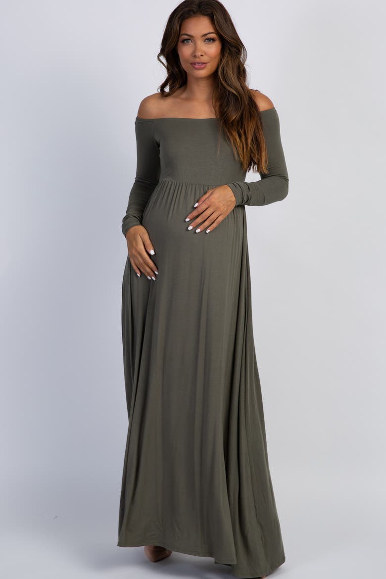 Solid Off Shoulder Maternity Maxi Dress, Main, color, Olive Green