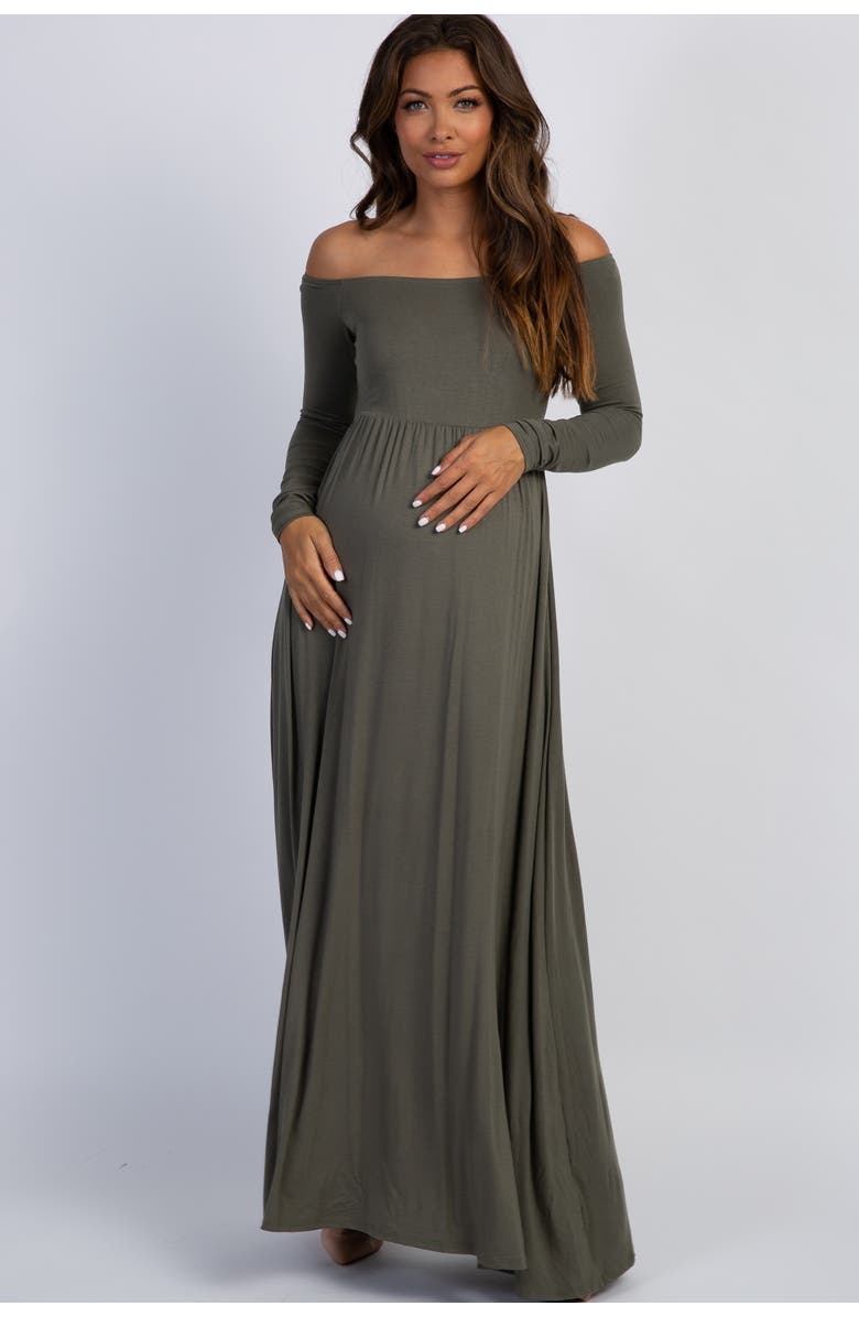 PinkBlush Petite Solid Off Shoulder Maternity Maxi Dress, Main, color, Olive Green