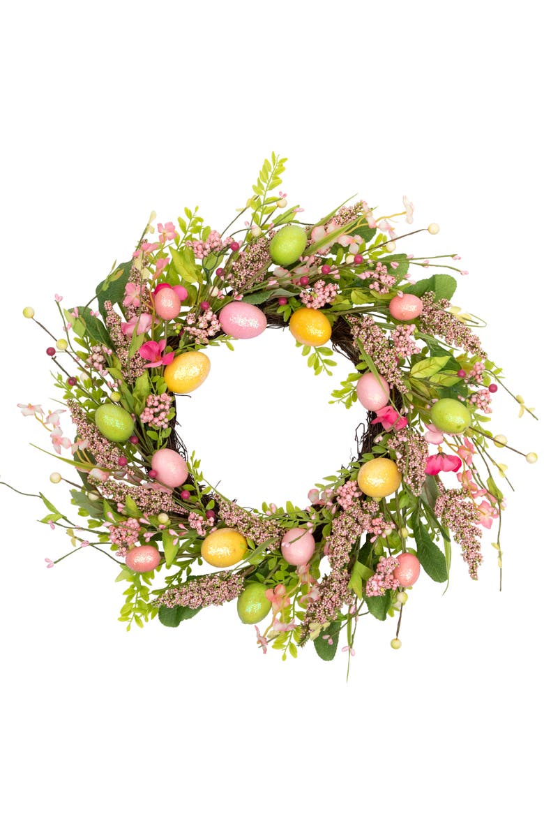 Northlight Glittered Eggs and Hibiscus Small Artificial Easter Twig Wreath - 20", Main, color, Green