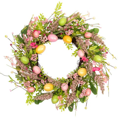 Glittered Eggs and Hibiscus Small Artificial Easter Twig Wreath - 20"