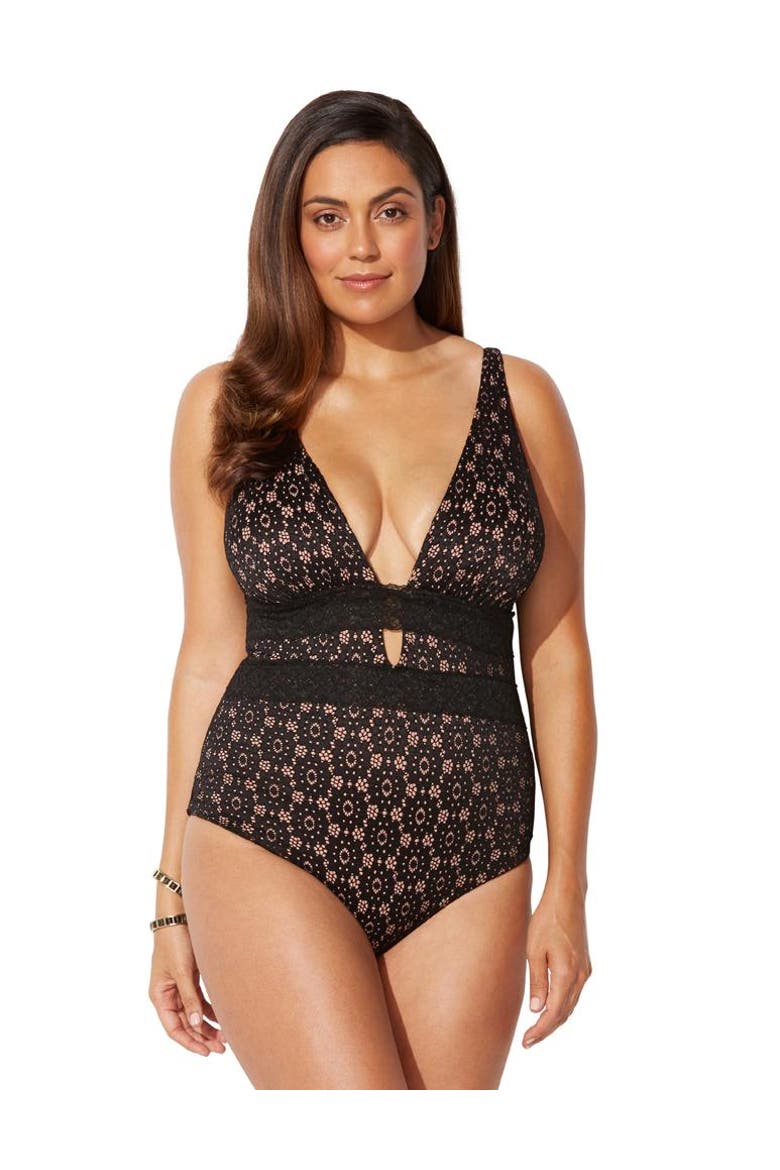 Lace Plunge One Piece Swimsuit, Main, color, Black Lace
