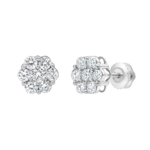 Starlet 14K White Gold Flower Cluster Diamond Unisex Earrings - 0.39 Ct
