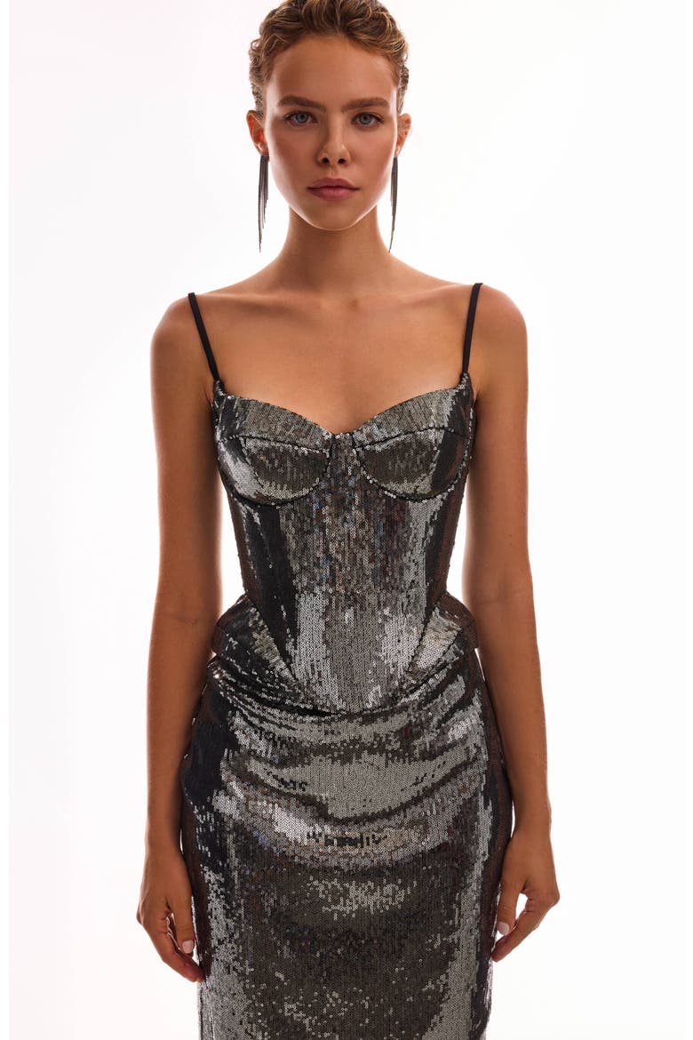 Fitted Hourglass Spaghetti Strap Sequined Corset for Cocktail Events, Alternate, color, Gray