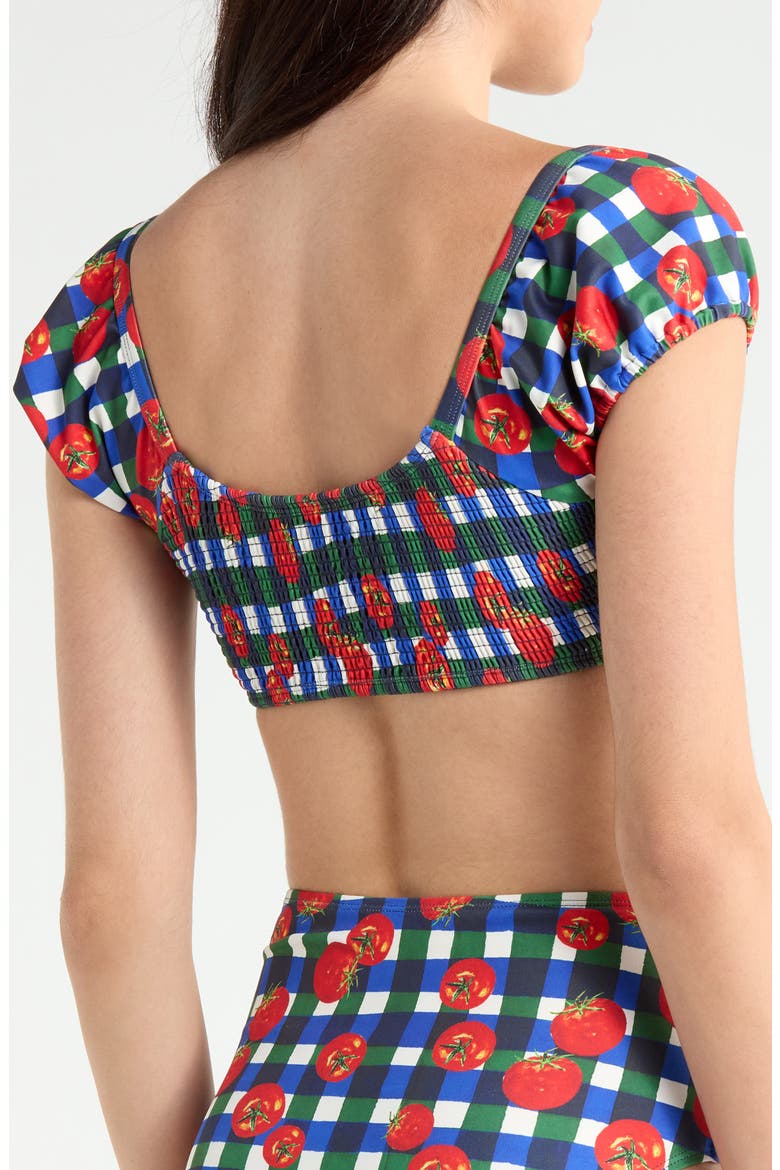 Smocked Puff Sleeve Bikini Top, Alternate, color, GINGHAM TOMATOES BLUE/ GREEN
